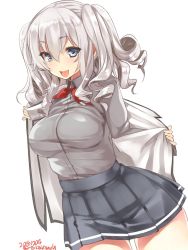 Rule 34 | 1girl, blue eyes, breasts, cowboy shot, grey shirt, grey skirt, highres, jacket, kantai collection, kashima (kancolle), large breasts, long sleeves, looking at viewer, miniskirt, neckerchief, one-hour drawing challenge, open clothes, open jacket, open mouth, pleated skirt, red neckerchief, shirt, sidelocks, silver hair, simple background, skirt, smile, solo, standing, takase muh, tsurime, twintails, undressing, wavy hair, white background, white jacket