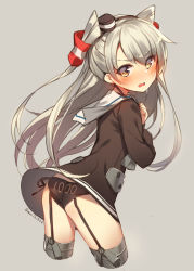Rule 34 | 10s, 1girl, amatsukaze (kancolle), ass, black panties, blush, brown eyes, choker, cropped legs, dress, flat ass, garter straps, grey background, hairband, hands on own chest, hat, kantai collection, leaning forward, long hair, looking back, mini hat, moriki, open mouth, panties, sailor dress, short dress, side-tie panties, silver hair, simple background, solo, sweatdrop, thighhighs, twitter username, two side up, underwear, wavy mouth