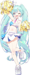 Rule 34 | 1girl, absurdres, alternate costume, aqua eyes, aqua hair, armpits, blue archive, blush, cheering, cheerleader, cosplay, crop top, full body, fuusen neko, hatsune miku, highres, holding, holding pom poms, long hair, looking at viewer, midriff, millennium cheerleader outfit (blue archive), navel, one eye closed, open mouth, pom pom (cheerleading), pom poms, shoes, simple background, skirt, smile, sneakers, solo, standing, standing on one leg, stomach, stomach day, twintails, very long hair, vocaloid, white background, white skirt