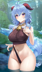 Rule 34 | 1girl, ahoge, bare shoulders, bell, black leotard, blue hair, blush, breasts, closed mouth, fouriasensei, ganyu (genshin impact), genshin impact, highres, horns, large breasts, leotard, leotard pull, long hair, looking at viewer, navel, pulling own clothes, purple eyes, rain, sidelocks, smile, solo, wading, wet