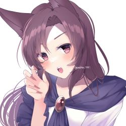 Rule 34 | 1girl, :o, animal ears, aoko (myut7287), artist name, brown hair, dress, fingernails, highres, imaizumi kagerou, long hair, looking at viewer, nail polish, open mouth, red eyes, red nails, sharp fingernails, simple background, solo, touhou, white background, white dress, wolf ears, wolf girl