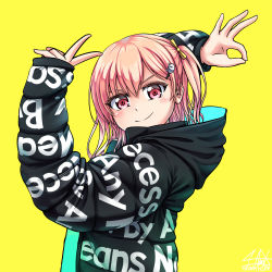 Rule 34 | 1girl, absurdres, bang dream!, black jacket, bow, cat hair ornament, commentary, commission, down jacket, drip (meme), english commentary, from side, goodbye sengen (vocaloid), hair behind ear, hair bow, hair ornament, highres, hiromachi nanami, hood, hooded jacket, jacket, meme, ok sign, pink eyes, pink hair, senpaihawkkun, side ponytail, signature, smile, solo, supreme (brand), vocaloid, yellow background, yellow bow