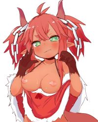 Rule 34 | 1girl, blush, breasts, breasts out, censored, censored nipples, dark-skinned female, dark skin, done (donezumi), female focus, green eyes, heart, heart censor, highres, horns, looking at viewer, medium breasts, nipples, original, parted lips, pointless censoring, red hair, simple background, solo, standing, transparent censoring, twintails, white background