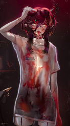Rule 34 | 1girl, :p, absurdres, arm up, artist name, bandaid, bandaid on face, bandaid on nose, black hair, blood, blood on clothes, blood on face, bracelet, breast pocket, choker, collarbone, commentary, cowboy shot, demon tail, ear piercing, ehrrr, english commentary, eyewear on head, garter straps, hair between eyes, hair ornament, hairclip, heart, heart choker, highres, horns, jewelry, misery-chan, no pants, original, piercing, pocket, pointy ears, red choker, shirt, short hair with long locks, short sleeves, single horn, solo, standing, sunglasses, tail, tongue, tongue out, tongue piercing, twitter username, white shirt, yellow eyes