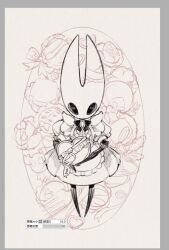 Rule 34 | 1girl, alternate costume, apron, bow, bowtie, box, dress, enmaided, fioco virus, full body, greyscale, heart-shaped box, hollow eyes, hollow knight, hornet (hollow knight), horns, looking at viewer, maid, monochrome, puffy short sleeves, puffy sleeves, short sleeves, solo, translation request, unfinished, waist apron