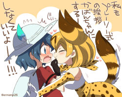 Rule 34 | 10s, 2girls, ^^^, animal ears, backpack, bag, blush, cat ears, cat tail, elbow gloves, eromame, closed eyes, flying sweatdrops, gloves, hands on another&#039;s face, hat, hat feather, heart, imminent kiss, kaban (kemono friends), kemono friends, md5 mismatch, multiple girls, nose blush, open mouth, red shirt, serval (kemono friends), serval print, serval tail, shirt, short hair, tail, translated, wavy mouth, yuri