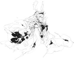 Rule 34 | 1girl, antlers, antlers through headwear, arknights, candle, candlestand, cape, chuzenji, deer antlers, deer girl, ears through headwear, highres, holding, holding candle, hood, hooded cape, horns, long hair, monochrome, viviana (arknights), wavy hair, white background, white cape