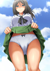 Rule 34 | 1girl, absurdres, black hair, black neckerchief, blouse, blue eyes, blue sky, bow, bow panties, closed mouth, cloud, cloudy sky, commentary request, commission, crotch seam, day, from below, frown, girls und panzer, glaring, green skirt, half-closed eyes, highres, lifted by self, long hair, long sleeves, looking at viewer, miniskirt, neckerchief, nonna (girls und panzer), ooarai school uniform, outdoors, panties, partial commentary, pleated skirt, sailor collar, school uniform, serafuku, shirt, skeb commission, skirt, sky, solo, standing, swept bangs, underwear, white panties, white sailor collar, white shirt, zanntetu