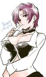 Rule 34 | 1girl, bazett fraga mcremitz, bow, bowtie, breasts, card, card in mouth, character name, cleavage, cleavage cutout, clothing cutout, cosplay, crop top, croupier, dealer, fate/hollow ataraxia, fate (series), kifumi, large breasts, midriff, mole, mole under eye, mouth hold, purple hair, rio rollins, rio rollins (cosplay), solo, super blackjack, vest, yellow eyes