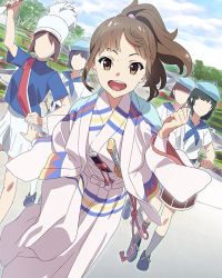 Rule 34 | 10s, 5girls, :d, beret, brown eyes, brown hair, dutch angle, faceless, faceless female, hat, hisami nanami, japanese clothes, kimono, long hair, marching band, multiple girls, official art, open mouth, outdoors, ponytail, smile, solo focus, sword, wake up girls!, wake up girls! stage no tenshi, walking, weapon