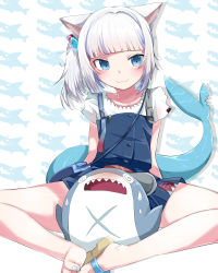 Rule 34 | 1girl, 1other, :3, @ @, animal background, animal ears, bag, bloop (gawr gura), blue dress, blue eyes, blue hair, blue nails, blush, butterfly sitting, cat ears, collarbone, cube hair ornament, dress, fins, fish tail, gawr gura, gawr gura (casual), hair bobbles, hair ornament, highres, hololive, hololive english, looking at viewer, mafuri, multicolored clothes, multicolored dress, multicolored hair, nail polish, official alternate costume, open mouth, overalls, shark, shark girl, shark tail, sharp teeth, shirt, short sleeves, shoulder bag, side ponytail, silver hair, simple background, sitting, smile, solo, streaked hair, sweat, sweatdrop, tail, teeth, toenail polish, toenails, upper teeth only, virtual youtuber, white background, white shirt