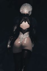 Rule 34 | 1girl, 3d, animated, animated gif, ass, back, from behind, hip focus, leotard, lowres, nier (series), nier:automata, shiny skin, solo, thighhighs, thong, thong leotard, walking, wet, white hair, 2b (nier:automata)