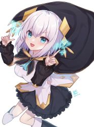 Rule 34 | 1girl, :d, ars almal, blue eyes, cloak, detached sleeves, electricity, frills, highres, index fingers raised, nijisanji, open mouth, paruo orh, short hair, silver hair, simple background, skirt, smile, solo, twitter username, virtual youtuber, white background