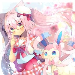 Rule 34 | 1girl, beret, black bow, blue eyes, blush, bow, closed mouth, commentary request, creatures (company), detached sleeves, game freak, gen 6 pokemon, glasses, green eyes, hair between eyes, hair bow, hair intakes, hat, kou hiyoyo, long hair, looking at viewer, nintendo, pink hair, plaid, plaid sailor collar, plaid skirt, pokemon, pokemon (creature), puffy short sleeves, puffy sleeves, red-framed eyewear, red bow, sailor collar, semi-rimless eyewear, shirt, short sleeves, skirt, sleeveless, sleeveless shirt, smile, sylveon, tilted headwear, twintails, under-rim eyewear, unmoving pattern, very long hair, vrchat, white headwear, white shirt, white sleeves