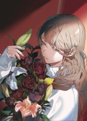 Rule 34 | 1girl, absurdres, black flower, black rose, bouquet, brown eyes, brown hair, bud, closed mouth, expressionless, flower, gankutsu hime, hair behind ear, half-closed eyes, hand up, haruno taku, highres, holding, holding bouquet, leaf, lily (flower), lips, long hair, looking at flowers, looking down, official art, pink flower, red background, red flower, red rose, rose, sleeves past wrists, solo, sweater, swept bangs, turtleneck, turtleneck sweater, upper body, white flower, white lily, white sweater