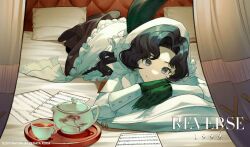 1girl anjo_nala bed_sheet black_hair black_skirt closed_mouth coif copyright_name corset cup curtains full_body gloves green_gloves green_tail hat head_rest lizard_tail logo long_hair long_skirt long_sleeves looking_at_viewer lying neckerchief on_back on_stomach parted_bangs pillow pinstripe_pattern pinstripe_shirt purple_eyes reverse:1999 sheet_music shirt skirt smile solo striped_clothes striped_shirt tail tea teacup teapot tray vertical-striped_clothes vertical-striped_shirt white_corset white_hat white_neckerchief white_shirt zenata_roka