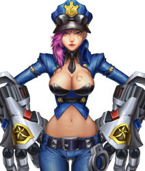 Rule 34 | 1girl, breasts, hat, highres, large breasts, league of legends, pink hair, police, solo, standing, vi (league of legends)