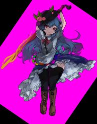 Rule 34 | 1girl, arms up, black headwear, black thighhighs, blue hair, blue skirt, boots, bow, bowtie, brown footwear, center frills, closed mouth, food, frilled skirt, frills, fruit, full body, hinanawi tenshi, holding, holding sword, holding weapon, leaf, long hair, looking at viewer, mikomo0106, peach, pink background, rainbow order, red bow, red bowtie, red eyes, short sleeves, side-tie peek, skirt, solo, sword, sword behind back, sword of hisou, thighhighs, touhou, weapon