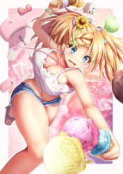Rule 34 | 1girl, bag, bare arms, bare legs, bare shoulders, blonde hair, blue eyes, blue shorts, bow, bracelet, braid, breasts, cellphone, cleavage, comb, commentary request, cosmetics, crop top, cutoffs, denim, denim shorts, earrings, flower, food, foot out of frame, gyaru, hair bow, hair flower, hair ornament, hairclip, handbag, heart, heart earrings, highres, holding, holding food, holding ice cream, ice cream, ice cream cone, ice cream scoop, jewelry, large breasts, lipstick tube, long hair, midriff, mole, mole on breast, naru din, navel, open mouth, original, phone, pink bag, red bow, sandals, short shorts, shorts, smartphone, smartphone case, solo, sparkle, sunflower, tank top, thighs, wavy mouth, wide-eyed, yellow flower, yellow nails