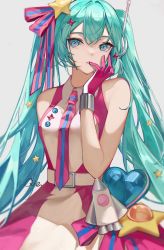Rule 34 | 1girl, alternate costume, antennae, aqua eyes, aqua hair, bad id, bad pixiv id, bare shoulders, belt, breasts, commentary, cowboy shot, dress, eyebrows hidden by hair, finger to mouth, gloves, hair between eyes, hair ornament, hatsune miku, headphones, heart, highres, long hair, looking at viewer, magical mirai (vocaloid), magical mirai miku, magical mirai miku (2022), necktie, qie, ribbon, rocket, rocket ship, simple background, sleeveless, solo, spacecraft, star (symbol), star hair ornament, toy, twintails, very long hair, vocaloid, wrist cuffs