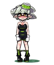 Rule 34 | + +, 1girl, bare shoulders, black dress, black footwear, blush, breasts, cleavage, clothes pull, collarbone, detached collar, dress, earrings, female focus, full body, gloves, green pantyhose, grey hair, half-closed eyes, jewelry, large breasts, looking at viewer, marie (splatoon), nintendo, object on head, panties, panty pull, pantyhose, pantyhose pull, pigeon-toed, pointy ears, shoes, short hair, signature, simple background, smile, solo, splatoon (series), standing, strapless, strapless dress, tentacle hair, tentacles, underwear, usa (dai9c carnival), white background, white gloves, white panties, yellow eyes
