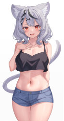 Rule 34 | 1girl, absurdres, alternate costume, animal ear fluff, animal ears, aoi zerii, arm behind back, black camisole, black hair, blue shorts, blush, braid, breasts, camisole, cat ears, cat tail, cleavage, collarbone, commentary, crop top, crop top overhang, curly hair, denim, denim shorts, double-parted bangs, grey hair, hair between eyes, hair ornament, hand on own chest, highres, hololive, knees out of frame, large breasts, looking at viewer, medium hair, micro shorts, midriff, multicolored hair, navel, open mouth, red eyes, sakamata chloe, shorts, side braid, simple background, solo, standing, streaked hair, tail, teeth, upper teeth only, virtual youtuber, white background, x hair ornament