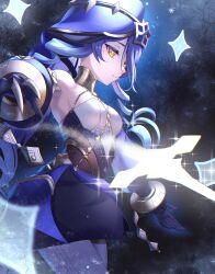 Rule 34 | 1girl, absurdres, armpits, black background, blue hair, blue hood, blue sleeves, breasts, chromatic aberration, claw ring, cowboy shot, dress, drill hair, drill sidelocks, ewaaawa, from side, genshin impact, gold choker, highres, hood, hood up, jewelry, layla (genshin impact), light particles, long hair, looking ahead, neck ring, outstretched arms, pantyhose, sidelocks, sleeveless, sleeveless dress, small breasts, smile, solo, star (symbol), twin drills, white pantyhose, yellow eyes