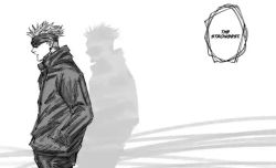 Rule 34 | 1boy, akutami gege, black jacket, black legwear, black pants, blindfold, closed mouth, english text, expressionless, gojou satoru, hair up, hands in pockets, jacket, jujutsu kaisen, long sleeves, male focus, monochrome, official art, pants, profile, shadow, short hair, silhouette, sleeves past elbows, solo, solo focus, speech bubble, standing, undercut, white background