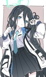 Rule 34 | 1girl, absurdly long hair, aris (blue archive), black hair, black skirt, blue archive, blue eyes, blue necktie, blush, breasts, collared shirt, cowboy shot, green halo, halo, ixy, jacket, long hair, long sleeves, looking at viewer, necktie, one side up, open clothes, open jacket, parted lips, pleated skirt, shirt, skirt, small breasts, solo, very long hair, white jacket, white shirt