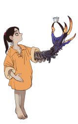 Rule 34 | 1girl, barefoot, black eyes, black hair, child, claws, closed mouth, cup, eyeshadow, from side, full body, hand up, highres, holding, makeup, mossacannibalis, orange shirt, original, oversized clothes, oversized forearms, oversized limbs, oversized shirt, ponytail, profile, shirt, simple background, solo, teacup, white background