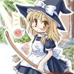 Rule 34 | 1girl, black hat, blonde hair, braid, broom, chibi, chibi only, embodiment of scarlet devil, female focus, hat, kirisame marisa, lowres, nature, oekaki, outdoors, plant, solo, touhou, witch, witch hat
