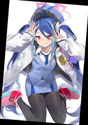 Rule 34 | 1girl, absurdres, antenna hair, black pantyhose, blue archive, blue hair, blue hat, blue necktie, blue skirt, blue vest, blush, collared shirt, double v, fubuki (blue archive), grey hair, grin, halo, hat, highres, jacket, ktr (tpun2553), long hair, long sleeves, necktie, open clothes, open jacket, pantyhose, pink footwear, pink halo, red eyes, shirt, shoes, sitting, skirt, smile, solo, twintails, v, vest, wariza, white jacket, white shirt