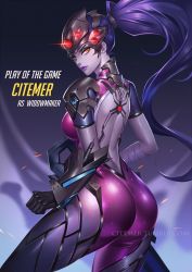 Rule 34 | 1girl, ass, backless outfit, bodysuit, character name, citemer, colored skin, head-mounted display, lipstick, looking at viewer, looking back, makeup, overwatch, overwatch 1, ponytail, purple hair, purple skin, solo, visor, widowmaker (overwatch), yellow eyes