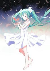 Rule 34 | 1girl, aged down, barefoot, blue hair, collarbone, dress, closed eyes, feathers, floating hair, full body, fuusen neko, hair between eyes, hairband, hatsune miku, long hair, red feathers, sleeveless, sleeveless dress, smile, solo, standing, twintails, very long hair, vocaloid, white dress, white hairband