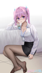 Rule 34 | 1girl, blush, breasts, can, cleavage, feet, glasses, highres, lanyard, long hair, looking at viewer, medium breasts, miniskirt, office lady, pantyhose, parted lips, pink hair, purple eyes, skirt, soles, solo, toes, twintails