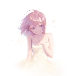 Rule 34 | 1girl, absurdres, ahoge, breasts, charles (106858), dress, eyelashes, hand on own chest, happy, highres, looking to the side, original, pink hair, purple eyes, shaded face, shadow, simple background, small breasts, smile, solo, standing, teeth, white background, white dress, wind