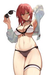 Rule 34 | 1girl, arm behind head, armpits, bikini, blush, breasts, cero (last2stage), choker, cleavage, commission, unworn eyewear, girls&#039; frontline, green eyes, highres, jacket, large breasts, long hair, navel, official alternate costume, pink hair, pixiv commission, r93 (girls&#039; frontline), r93 (holiday lucky star) (girls&#039; frontline), side ponytail, simple background, solo, sunlight, swimsuit, wet, white background