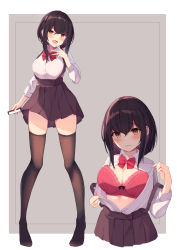 Rule 34 | 1girl, :d, absurdres, black hair, black skirt, black thighhighs, bow, bow bra, bra, breasts, brown eyes, cellphone, collared shirt, commentary request, dress shirt, fang, hand up, highres, holding, holding phone, lace, lace-trimmed bra, lace trim, long hair, long sleeves, looking at viewer, medium breasts, mizu (lzzrwi603), multiple views, no shoes, open mouth, original, phone, pleated skirt, red bow, red bra, shirt, sidelocks, skirt, smile, standing, suspender skirt, suspenders, thighhighs, underwear, white shirt