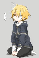 Rule 34 | ..., 1boy, bandage over one eye, between legs, black pants, blonde hair, blue jacket, empty eyes, grey background, hand between legs, hood, hooded jacket, jacket, looking at viewer, male focus, minahoshi taichi, oliver (vocaloid), pants, seiza, shaded face, simple background, sitting, solo, speech bubble, spoken ellipsis, squiggle, vocaloid, yellow eyes