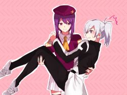 Rule 34 | 2girls, beret, braid, carrying, hat, melty blood, multiple girls, pantyhose, pink background, princess carry, purple hair, retto, riesbyfe stridberg, short ponytail, silver hair, sion eltnam atlasia, thighhighs, tsukihime, uniform, yuri