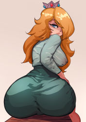 Rule 34 | 1girl, ass, blonde hair, blue eyes, breasts, crown, formal, from behind, gakibaki, green shirt, green skirt, grey background, hair over one eye, high-waist skirt, highres, huge ass, large breasts, lips, long hair, long sleeves, looking at viewer, looking back, mario (series), nintendo, office lady, pencil skirt, rosalina, shirt, simple background, sitting, skirt, solo, super mario galaxy, thick lips, wet, wet clothes, wet shirt