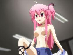 Rule 34 | 1girl, angel beats!, ankle lace-up, breasts, cross-laced footwear, long hair, nipples, parody, pink eyes, pink hair, short twintails, small breasts, solo, sora (aki00), topless, twintails, two side up, undressing, yui (angel beats!)