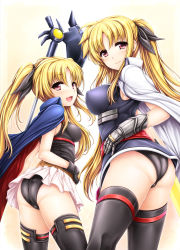 Rule 34 | 00s, 10s, 2girls, :d, aged down, aged up, ass, bardiche (axe form) (nanoha), bardiche (nanoha), black legwear, black panties, blonde hair, blush, breasts, cape, dual persona, fate testarossa, fate testarossa (movie 1st form), fate testarossa (true sonic form), gauntlets, hair ribbon, highres, long hair, looking at viewer, looking back, lyrical nanoha, mahou shoujo lyrical nanoha, mahou shoujo lyrical nanoha strikers, mahou shoujo lyrical nanoha the movie 1st, medium breasts, multiple girls, open mouth, panties, red eyes, ribbon, skirt, small breasts, smile, thighhighs, time paradox, twintails, underwear, uni8, weapon