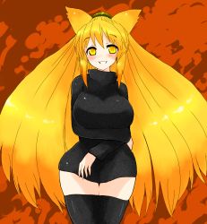 Rule 34 | animal ears, blonde hair, breasts, cat ears, crossed arms, han (jackpot), highres, hip focus, large breasts, long hair, nine-tails-san, original, smile, solo, standing, sweater, thighhighs, wide hips, yellow eyes, zettai ryouiki