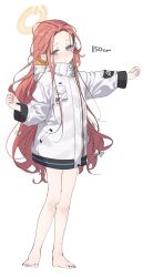 Rule 34 | 1girl, barefoot, blue archive, blush, coat, full body, halo, height, highres, hood, hood down, hooded coat, long hair, long sleeves, looking at viewer, nozawa noko, parted lips, red hair, simple background, solo, standing, very long hair, white background, white coat, yuzu (blue archive)