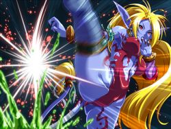 Rule 34 | 1girl, animal ears, blonde hair, breasts, breath of fire, breath of fire ii, commentary request, covered erect nipples, long hair, no panties, no pants, pointy ears, rinpoo chuan, solo, tail, ten&#039;aki risu