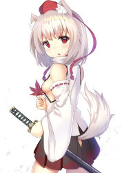 Rule 34 | 1girl, animal ears, black skirt, breasts, detached sleeves, hat, highres, holding, holding sword, holding weapon, inubashiri momiji, leaf, looking at viewer, miniskirt, pleated skirt, pom pom (clothes), red eyes, ribbon-trimmed skirt, ribbon trim, sideboob, silver hair, simple background, skirt, small breasts, solo, standing, sword, tail, tokin hat, touhou, tsukimizu (ordeal), weapon, white background, wolf ears, wolf tail
