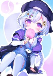 Rule 34 | 1girl, baseball cap, braid, casual, coin hair ornament, commentary, dress, eating, english text, food, genshin impact, hair between eyes, hair ornament, hair ribbon, hat, holding, holding stick, hood, hooded jacket, jacket, jiangshi, knees together feet apart, long hair, long sleeves, looking at viewer, low-tied long hair, low ponytail, official alternate costume, ofuda, pinafore dress, popsicle, purple eyes, purple hair, qiqi (genshin impact), qiqi (suibian) (genshin impact), ribbon, sidelocks, simple background, single braid, sitting, sleeveless dress, solo, stick, symbol-only commentary, two-tone background, white legwear, yinpa (wanone500511)