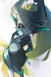 Rule 34 | 1girl, blonde hair, breasts, clenched teeth, colored sclera, colored skin, commentary, hand on own hip, helmet, highres, long hair, midna, multicolored skin, navel, nintendo, nude, pointy ears, prehensile hair, red eyes, shortstack, small breasts, smile, solo, suurin (ksyaro), teeth, the legend of zelda, the legend of zelda: twilight princess, thick thighs, thighs, two-tone skin, very long hair, yellow sclera