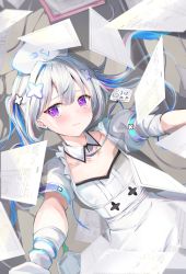 Rule 34 | 1girl, absurdres, amane kanata, amane kanata (nurse), blue hair, blush, closed mouth, collarbone, commentary request, detached collar, dress, dutch angle, flat chest, from above, gloves, grey hair, hair between eyes, hair ornament, head tilt, highres, hololive, lanyard, long hair, looking at viewer, lying, mihasu, nurse, on back, outstretched arms, paper, puffy short sleeves, puffy sleeves, purple eyes, reaching, reaching towards viewer, short sleeves, sidelocks, single hair intake, solo, twintails, virtual youtuber, white dress, white gloves, white headwear, wing collar